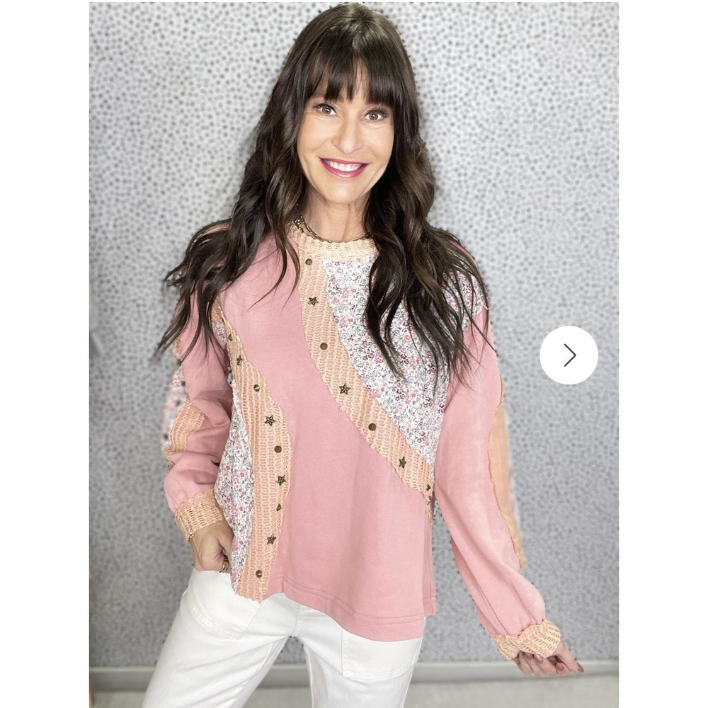 POL Focus On You Long Sleeve French Terry Knit Top In Pink NWOT Patchwork STUDS‎